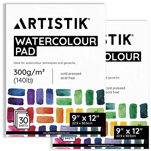 Watercolor Paper Pad - 9 x 12 Inch, 30 Sheets (Pack of 2) - Cold Pressed Watercolor Paper Pad Sketchbook for Mixed Media Art and Water-Based Mediums ARTISTIK