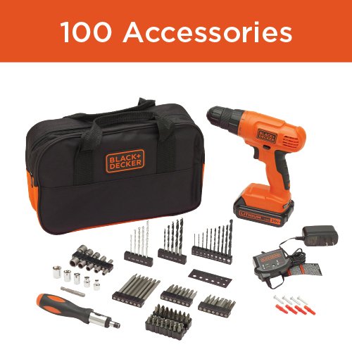 BLACK+DECKER 20V MAX* POWERCONNECT Cordless Drill Kit + 100 pc. Kit (BDC120VA100), Orange BLACK+DECKER