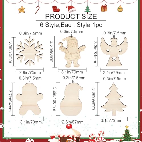 MAYJOYDIY 6pcs Christmas Snowman Tree Wooden Cutouts Santa Claus/Angels/Snowflakes/Gingerbread Man Christmas Ornaments Unfinished Wood for Christmas MAYJOYDIY
