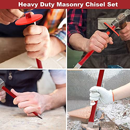 RHBLME 4PCS Masonry Chisel with Hand Protection, 12 Inch Heavy Duty Chisel Set - 2 PCS Flat Head Chisel & 2 PCS Pointed Head Chisel - Used for RHBLME