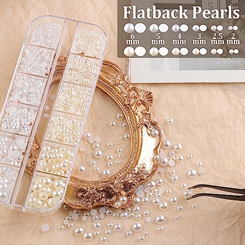 2300pcs Face Gems Flatback Rhinestone for Makeup with Glue, Round Glass Crystal AB & Clear Rhinestones, Flatback White & Beige Pearls with Tweezer + - WoodArtSupply