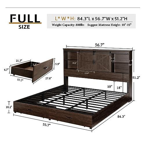 VanAcc Rustic Wooden Platform Storage Bed with Bookcase Headboard and Charging Station VanAcc