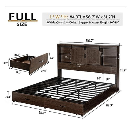 VanAcc Rustic Wooden Platform Storage Bed with Bookcase Headboard and Charging Station VanAcc