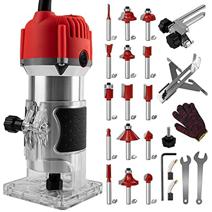 800W Compact Wood Router Tool, Portable Handheld Palm Router Woodworking,Electric Trimmer Wood Router with 15pcs Router Bits,Wood Laminate Router for
