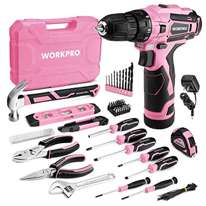 WORKPRO Pink Tool Set with Power Drill, 108PCS Portable Ladies Pink Drill Kit for Home with Toolbox and Pink Hammer, 1.5 Ah Cordless Drills with