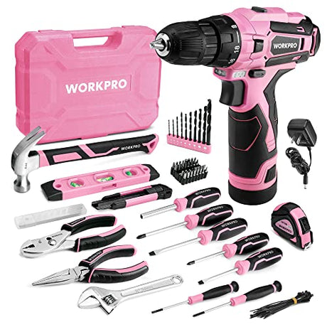 WORKPRO Pink Tool Set with Power Drill, 108PCS Portable Ladies Pink Drill Kit for Home with Toolbox and Pink Hammer, 1.5 Ah Cordless Drills with WORKPRO