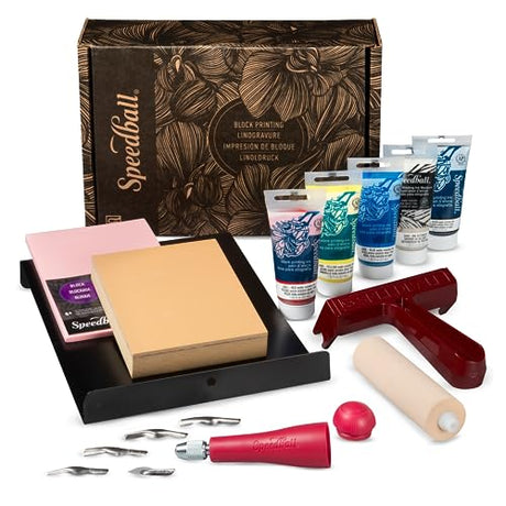 Speedball Deluxe Block Printing Kit - Includes Inks, Brayer, Bench Hook, Lino Handle and Cutters, Speedy-Carve Block, Mounted Linoleum Block Speedball