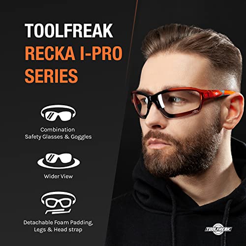 ToolFreak Recka Safety Glasses - Clear Lens - Versatile Hybrid Goggles and Glasses - ANSI Z87.1 Impact Rated, U6 Protection, Removable Legs, - WoodArtSupply