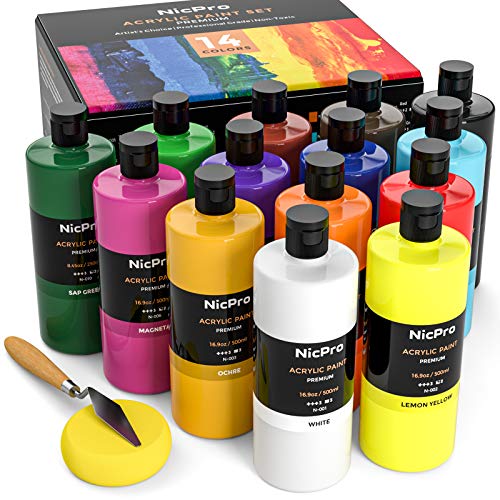 Nicpro 14 Colors Large Bulk Acrylic Paint Set (16.9 oz,500 ml) Rich Art Painting Supplies, Non Toxic for Multi Surface Canvas Wood Leather Fabric Nicpro