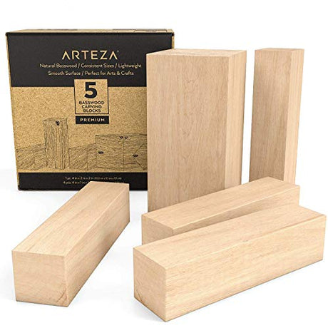 Arteza Basswood Carving Blocks, Set of 5 Pieces, One 4 x 2 x 2 Inches and Four 4 x 1 x 1 Inches Blocks, Art Supplies for Carving, Crafting, Whittling ARTEZA