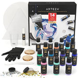 Arteza Acrylic Pouring Paint Kit, 14 Glossy Colors — 8 Pastel & Bright, 3 Iridescent, 3 Metallic, 2 x Stretched Canvas, 2 Wooden Slices, Glitter, and ARTEZA