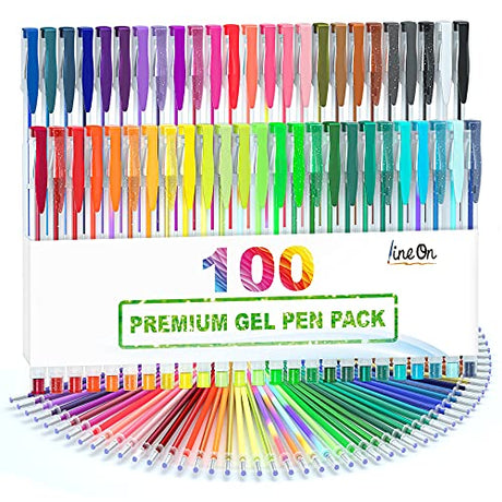 Lineon 100 Pack Gel Pens Set, 50 Colors Gel Pens with 50 Refills Gel Pen Set for Adult Coloring Books Drawing Doodling Art Markers Lineon