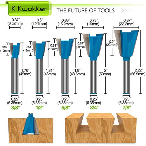 K Kwokker Dovetail Router Bit 1/4 Shank, Dovetail Jig for Router, 1/2" 3/4" 3/8" 5/8" 7/8" Dia Wood Milling Cutter Tool for The Construction of Boxes K Kwokker