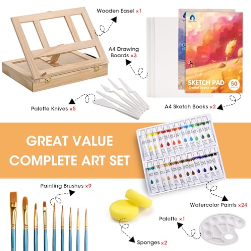 Painting Supplies Set, 49 Pieces Watercolor Painting Kit with Wooden Tabletop Easel, Includes Watercolor Paints, Brushes, Palette, Canvas Panels and VigorFun