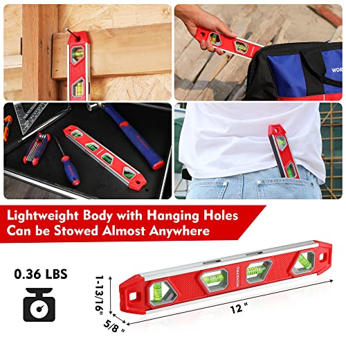 WORKPRO 12 Inch Torpedo Level, Magnetic Small Leveler Tool, Plumbing Level with Pitch Vial, Aluminum Reinforced, 4 Bubbles, V-Groove for Conduit WORKPRO