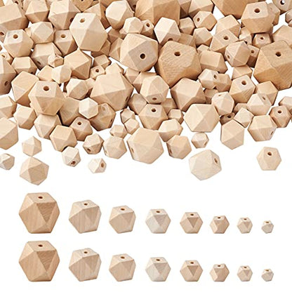 Craftdady 145pcs Unfinished Geometric Wood Spacer Beads Unpainted Natural Wood Faceted Polygon Loose Beads 8 Sizes for Craft Jewelry Making Home