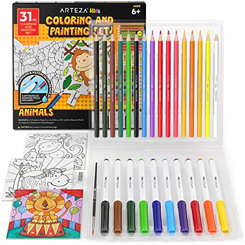 Arteza Kids Animals Coloring Kit, 3 Canvas Panels, 4 x 4 in, 10 Markers, 16 Watercolor Pencils, 1 Paint Brush, 1 Sharpener, Kids Activities for Ages