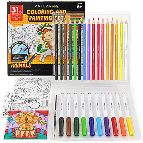 Arteza Kids Animals Coloring Kit, 3 Canvas Panels, 4 x 4 in, 10 Markers, 16 Watercolor Pencils, 1 Paint Brush, 1 Sharpener, Kids Activities for Ages Arteza Kids