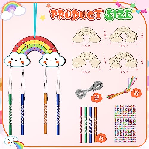 TREACLUB 12 Pack DIY Wind Chime Kits for Kids, Make Your Own Rainow Wind Chime DIY Coloring Star Moon Sun Make A Wind Chime Kits Wooden Arts and TREACLUB