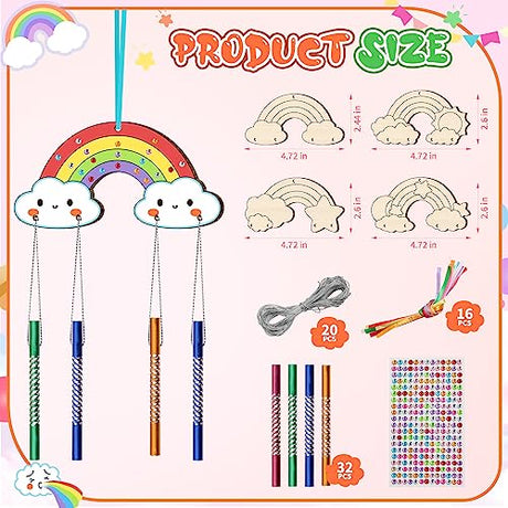 TREACLUB 12 Pack DIY Wind Chime Kits for Kids, Make Your Own Rainow Wind Chime DIY Coloring Star Moon Sun Make A Wind Chime Kits Wooden Arts and TREACLUB