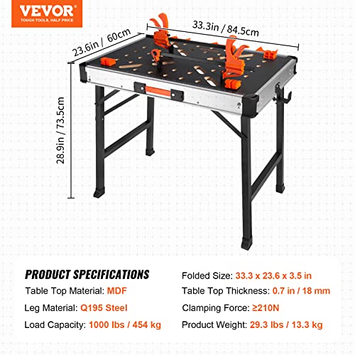 VEVOR Folding Work Table, 2-in-1 as Sawhorse & Workbench, 1000 lbs Load Capacity, Steel Legs, Portable Foldable Tool Stand with 2 Wood Clamps, 4