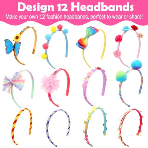 Headband Making Kit for Girls Arts and Crafts for Kids Ages 4-6 6-8 8-12  Make Your Own 12 Fashion Headbands DIY Hair Accessories Set Toys for 4 5 6  7