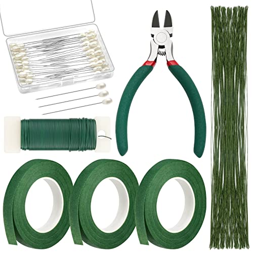 PAXCOO Floral Arrangement Kit with Green Tape and Wire, Boutonniere Flower pin, Wire Cutter for Wreath Making Supplies - WoodArtSupply