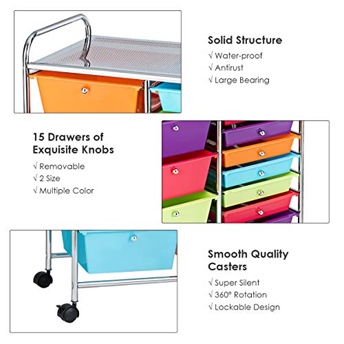 Giantex 15-Drawer Organizer Cart Office School Storage Cart Rolling Drawer Cart for Tools, Scrapbook, Paper (Multicolor) - WoodArtSupply