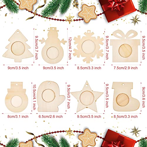 48 Pcs Christmas Wooden Photo Frames and Wooden Ornaments Unfinished Wooden Slices Frames with Hole Rope for Christmas Hanging Decorations Craft and