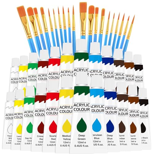 2 Pack Acrylic Paint Set 12 Colors,20 Paint Brushes,24 Paints for Adults,Kids,Beginner,Professional Artists,Non-Toxic Craft Paint kit for