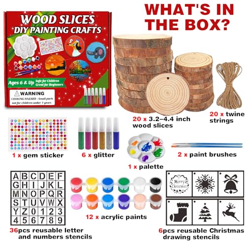 Collabell Natural Wood Slices, Wooden Arts and Crafts Kits for Kids Adults, 20PCS Unfinished Wood Slices Painting kit with Letter Numbers Xmas Collabell