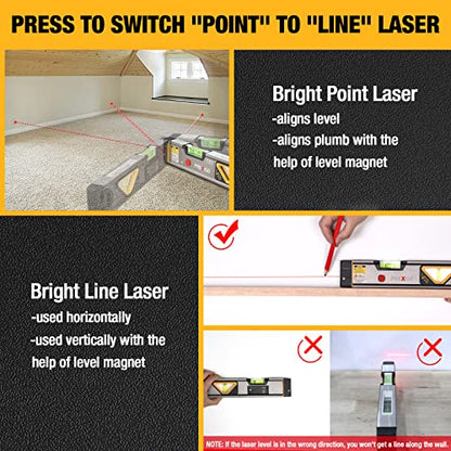 PREXISO 2-in-1 Laser Level 12IN Spirit Level with Light, 100Ft Alignment Point & 30Ft Leveling Line, Magnetic Laser Leveler Tool for Construction - WoodArtSupply