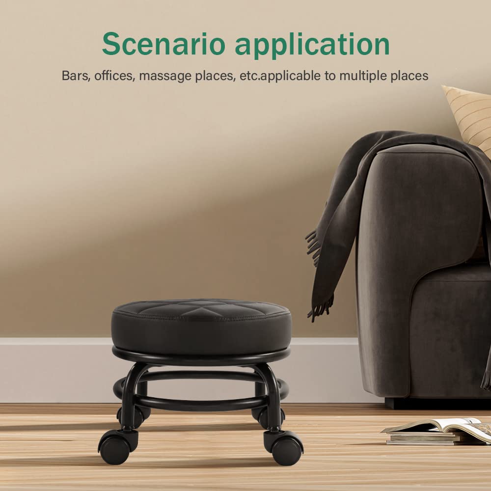 FURWOO Low Roller Seat PU Leather Rolling Stool Step Stool Mechanic Stool on Wheels for Home Office Garage Shop Black FURWOO