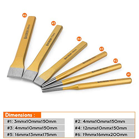 Acrux7 6 Pcs Cold Chisel Set - Flat Chisel, Center Chisel, Cylindrical Chisel, with Canvas Bag, Cone Chisel for Brickwork, Concrete, Metal, Stone Acrux7