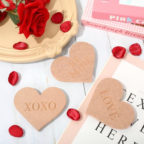 Whaline 6Pcs Valentine's Day Conversation Heart Table Wooden Sign Unfinished Love Heart Wood Slice Double-Sided Heart Tabletop Centerpiece for