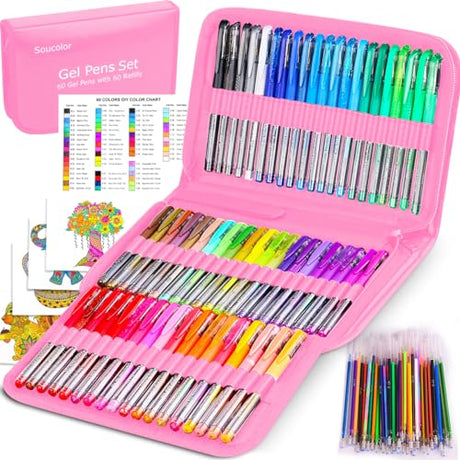 Soucolor 60 Colored Gel Pens for Adult Coloring Books, Deluxe 120 Pack- 60 Refills and Travel Case, with 40% More Ink Markers Set for Drawing Soucolor