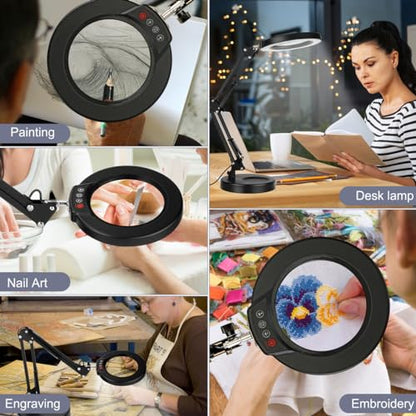 10X Magnifying Glass with Light, Krstlv Upgrade Button 5 Color Modes Stepless Dimmable 2-in-1 LED Lighted Desk Lamp & Clamp, Hands Free Magnifier with Light and Stand for Craft Hobby Repair Close Work