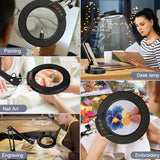 10X Magnifying Glass with Light, Krstlv Upgrade Button 5 Color Modes Stepless Dimmable 2-in-1 LED Lighted Desk Lamp & Clamp, Hands Free Magnifier Krstlv