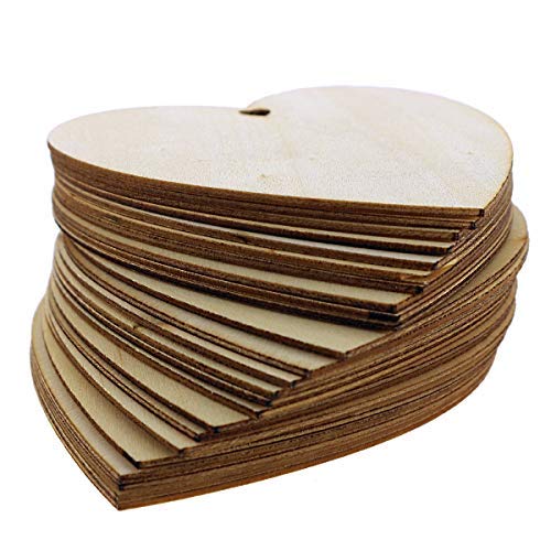 Kurtzy 50 Pack of Wooden Hearts with Natural Twine - 10x10cm / 4x4 Inches Unfinished Wooden Shaped Heart Set with Holes - Decorations for Weddings, Kurtzy