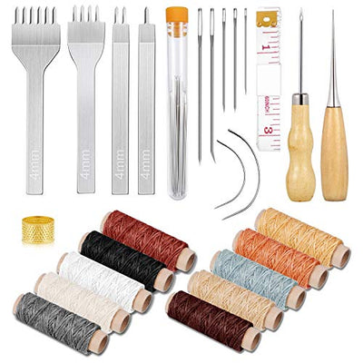 Cridoz 35 Pcs Leather Stitching Pouch Kit with 4mm Prong Sewing Hole Punch, Leather Sewing Tools, Waxed Thread and Large-Eye Stitching Needles for