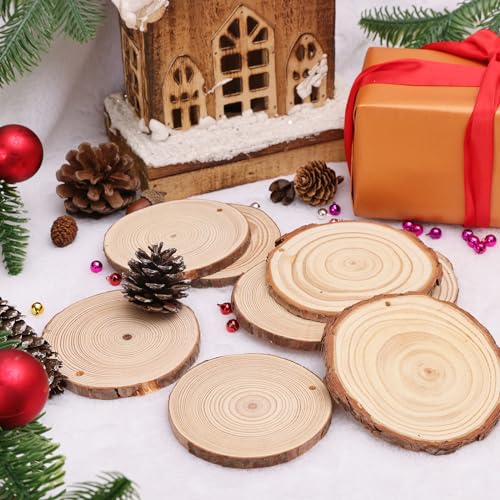 Max Fun Natural Wood Slices 30PCS 3.5-4'' Crafts DIY Wooden Christmas Ornaments Unfinished Predrilled Round Wood Circles for Arts and Crafts