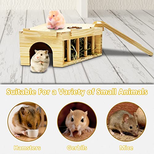 Hamiledyi Guinea Pig Castle Natural Wooden Rabbit House with Ladder and Hay Feeder Chinchilla Multi Chamber Hideaway Small Animal Hideout House for Hamiledyi