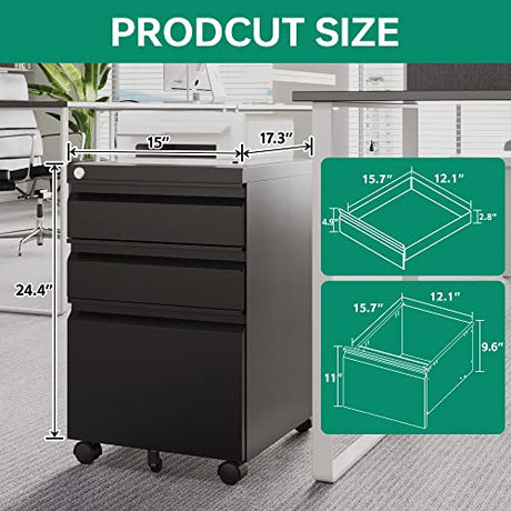 Letaya 3 Drawer Mobile File Cabinet with Lock,Under Desk Metal Filing Cabinets for Home Office Organizer Letters/Legal/A4(Fully Assembled Except Letaya