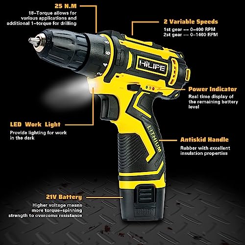 HILIPE Drill Set,12V Cordless Drill with Battery and Charger, Home Electric Power Drill Cordless, 3/8-Inch Keyless Chuck, 2 Variable Speed, 18+1 - WoodArtSupply