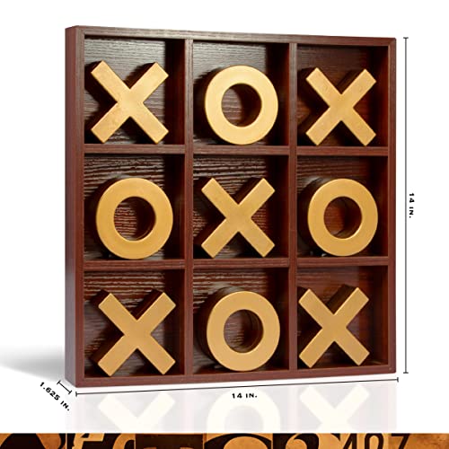 Refinery & Co. Premium Solid Wood Tic-Tac-Toe Board Game, Giant Gold 14” Coffee Table Home Decor, Classic Indoor/Outdoor Party Game for Children & Refinery