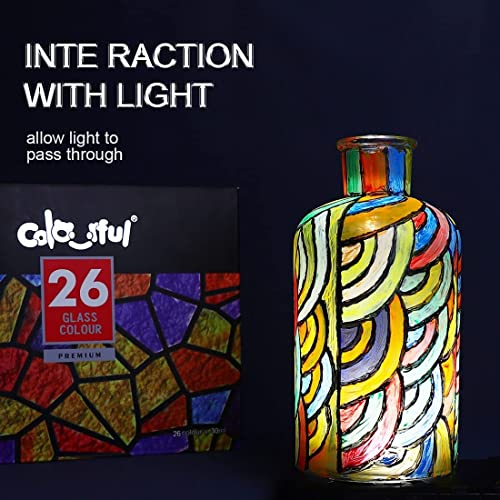 Colorful Glass Paint Kit with 6 Brushes, 1 Palette & 1 Sponge - 30ml/Bottle 26 Colors Permanent Stain Glass Paints for Gallery, Window, Wine Glass Colorful