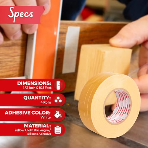 XFasten Double Sided Woodworking Tape 1/2" x 36 Yards (4-Pack) - Double Face Woodworker Turner's Tape for Wood Template, Edge Banding, Routing, XFasten