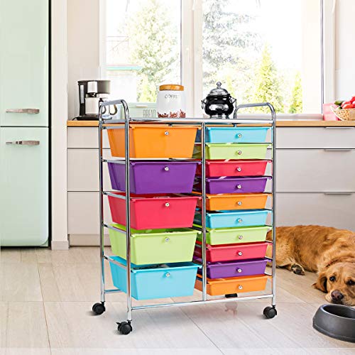 Giantex 15-Drawer Organizer Cart Office School Storage Cart Rolling Drawer Cart for Tools, Scrapbook, Paper (Multicolor) - WoodArtSupply