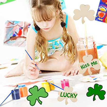 30 Pieces Unfinished Wooden Shamrock Ornaments DIY Wood Shamrock Clover Cutouts St. Patrick's Day Hanging Embellishments with Ropes for St. Patrick's