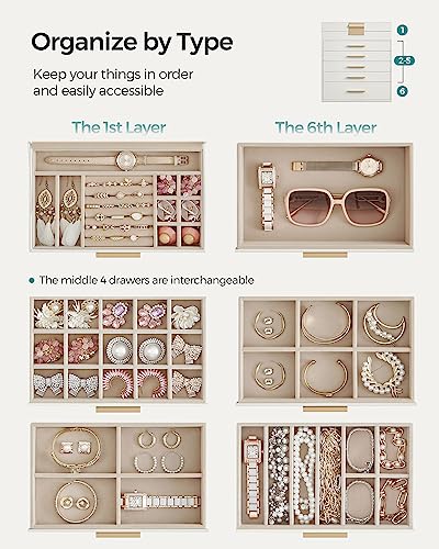 SONGMICS Jewelry Box with Glass Lid, 6-Layer Jewelry Organizer, 5 Drawers, for Sunglasses, Big Jewelry, Jewelry Storage, Modern Style, Cloud White SONGMICS